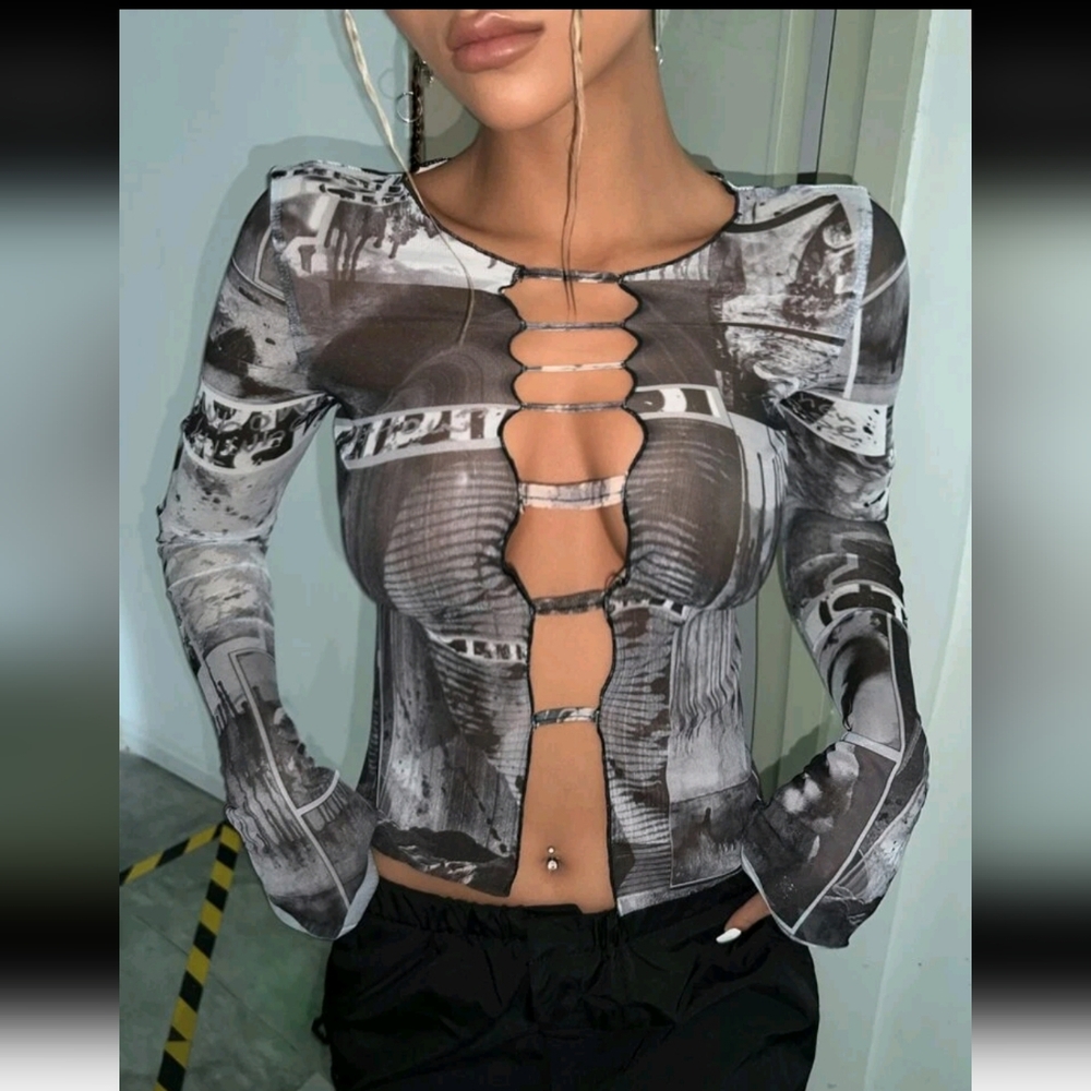 Graphic Print Black and Gray Mesh Top